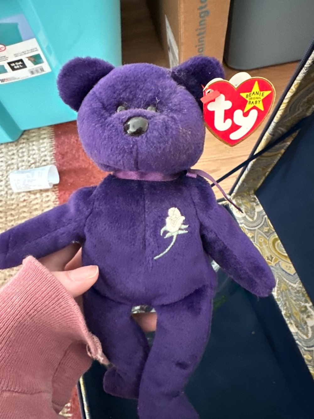 PRINCESS DIANA Ty Purple Beanie Baby Bear with Embroidered Rose